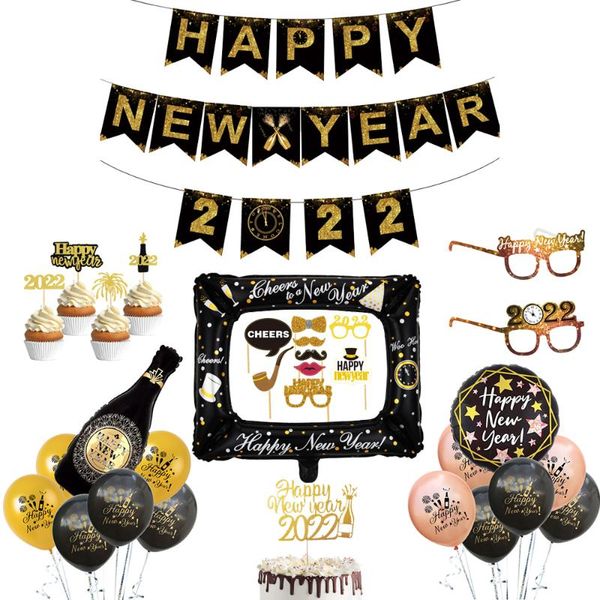 

party decoration 2022 happy year po booth frame props rose gold black style balloon banner navidad eve supplies