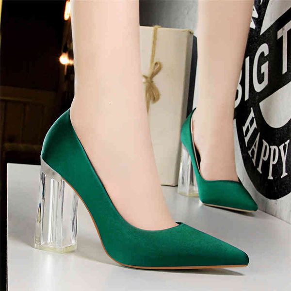 

plus dress shoes size 43 women block 10cm high heels lady scarpins green satin clear pumps wedding bridal blue silk transparent uu37, Black