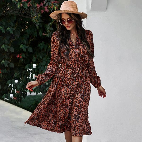 

casual dresses benuynffy notch neck split hem print midi spring women long sleeve elegant office lady high waist a-line dress with belt, Black;gray