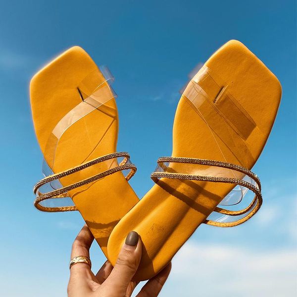 

women transparent flip flops women's crystal slippers ladies square toe casual flat female summer beach shoes big size, Black
