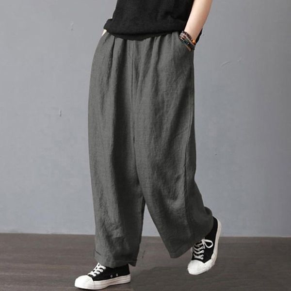 

women's pants & capris 2021 harem pant bloomer plus size s-2xl loose women trouser cotton linen pleated oversize pockets wide leg, Black;white
