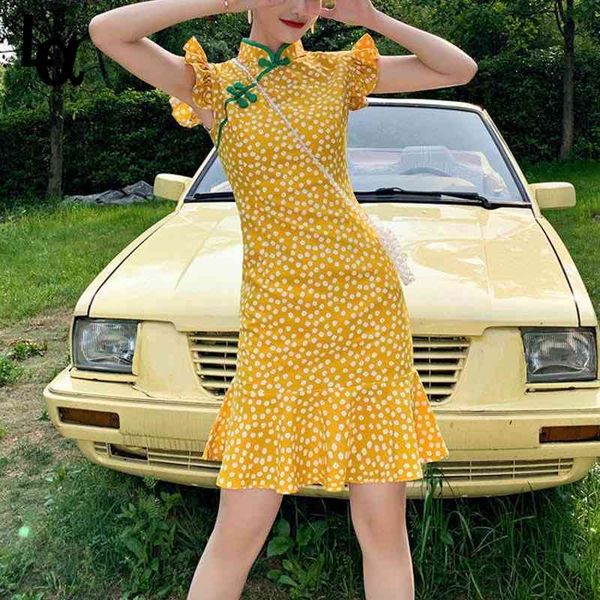 

summer retro elegant dress women floral print kawaii casual holiday cheongsam fishtail party mini es 210519, Black;gray