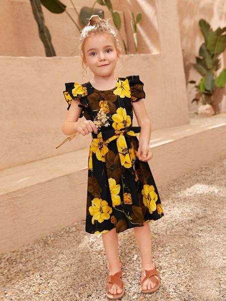 

toddler girls 1pc floral print ruffle sleeve belted dress she, Red;yellow