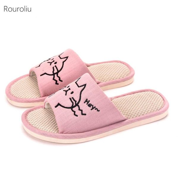 

slippers rouroliu 2021 women summer linen non-slip cartoon flip flops lovers soft breathable home shoes, Black