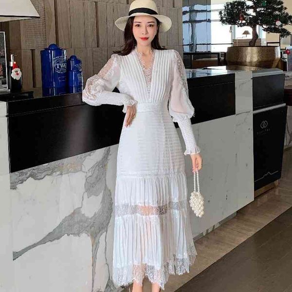 

[ewq] v-neck maxi vestidos high waist elegant dresses female clothing new lantern sleeve dress woman casual pink lace 210423, Black;gray
