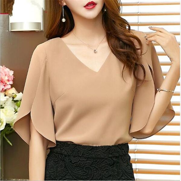 

women's blouses & shirts summer women v collar loose fashion flounce breathable casual shirt ladies half sleeve elegant, White