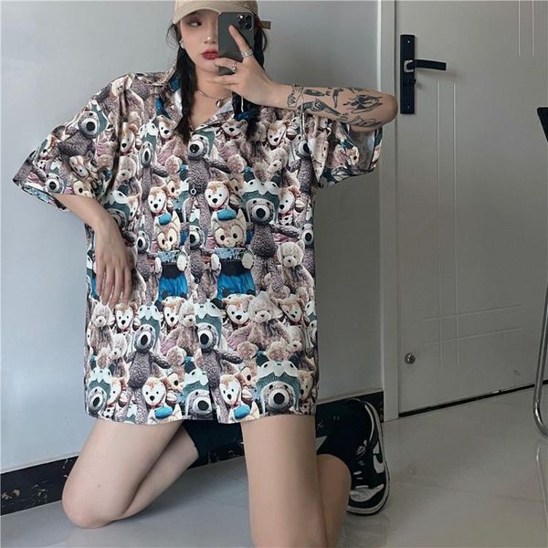 

women's blouses & shirts harajuku personality anime cartoon pattern women short-sleeved shirt summer street trend vintage full print lo, White