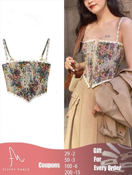 

summer crop women tanks spaghetti strap sleeveless vintage floral corset y2k palace style cami bralette, White