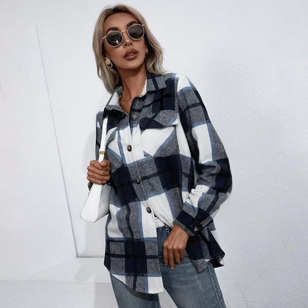 

women's jackets fashion autumn plaid long-sleeved women coat 2021 casual loose shirt collar single-breasted sleeve all-match top, Black;brown