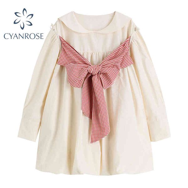 

chest spliced bowknot fluffy dress women puff long sleeve retro sweet short vestidos female sailor collar lady mini dress 210417, Black;gray