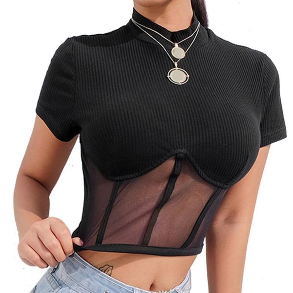 

patchwork black mesh casual womens t shirt harajuku short sleeve party streetwear crop summer, White