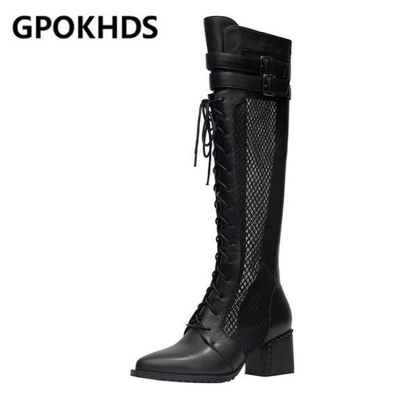 

boots gpokhds 2021 women knee-high cow leather summer pointed toe lace up high heels metal decoration female, Black