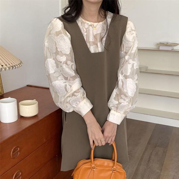 

women's blouses & shirts korean chic sweet aging three-dimensional flower bubble sleeve shirt + square neck bow strap dress skirt, White