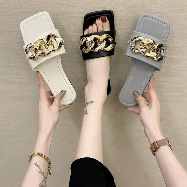 

slippers korean version metal chain exterior wear the summer 2021 square head flat bottom non-slip fairy beach shoes, Black