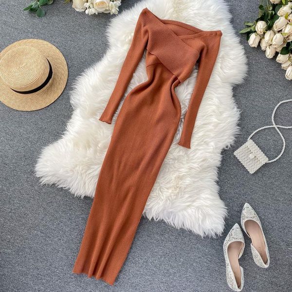 

casual dresses slim 2021 off shoulder cross criss autumn knit sweater midi long dress bodycon party winter women elegant vestidos, Black;gray