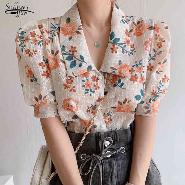 Sommer Koreanische Blumenblusen Tops Revers Kurzarm Gesticktes Hemd Blusas Button Up Harajuku Mujer 13793 210521