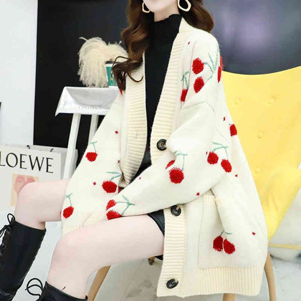 

women's sweaters azyt cherry fruit embroidered cardigan knitted, autumn neck v super large female sweater warm knitted winter coat 0w76, White;black