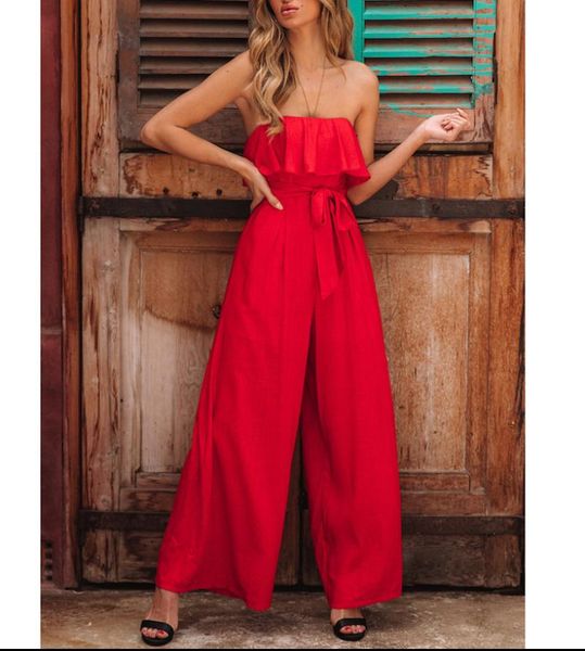 

women's jumpsuits & rompers 2021 women off shoulder romper jumpsuit casual wide leg long trouser overall pants ruffle collar loose empi, Black;white