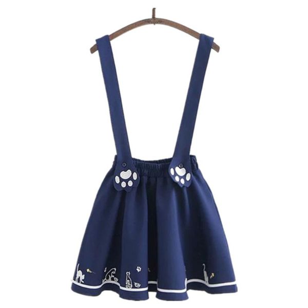 

skirts blue kawaii skirt women cute cat pawl embroidery lolita two shoulder strap, Black
