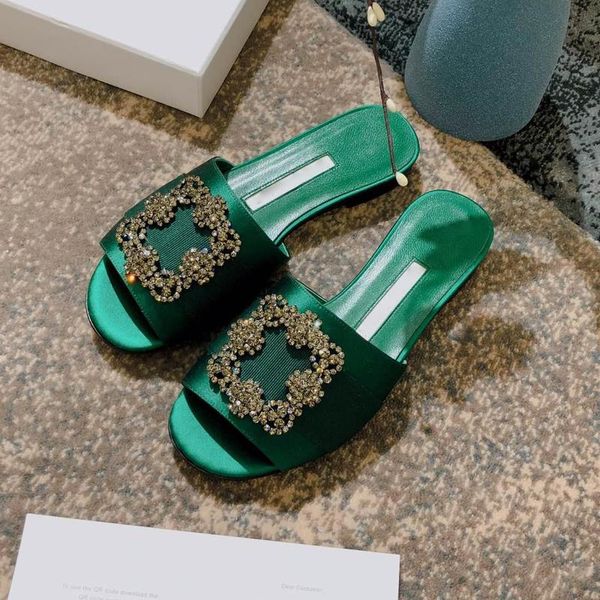 

slippers women real silk sandals fashion diamond square buckle luxury designers lady designer slipper sandal leather sole green, Black