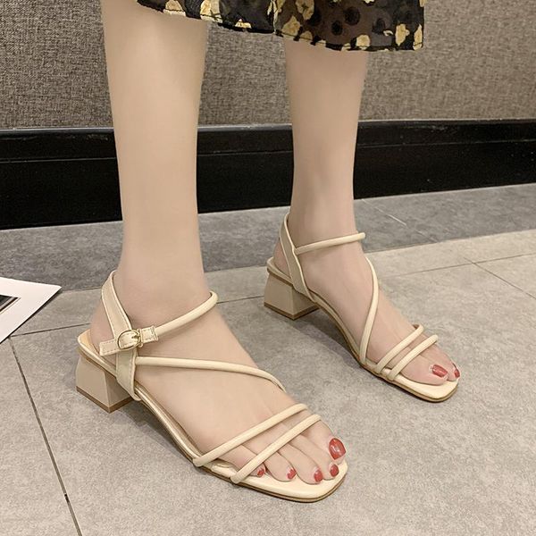 

dress shoes concise high heel sandals women pu narrow band thick summer outdoor casual open toe heels beige green, Black