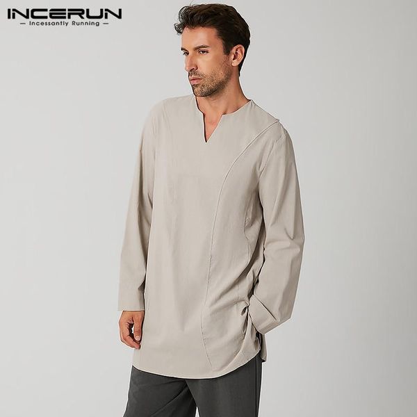 

vintage men shirt long sleeve cotton v neck retro streetwear casual autumn solid color leisure shirts s-5xl incerun 2021 men's, White;black