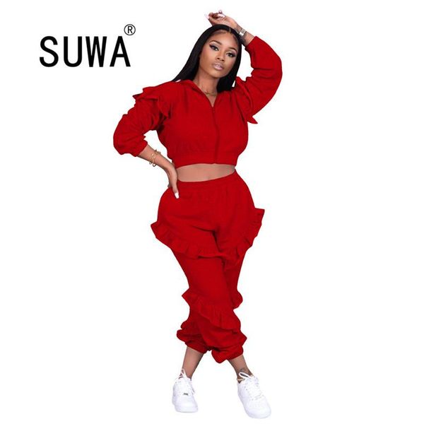 

solid ruffles women casual two piece sets autumn winter est long sleeve zipper hoodies + high waist loose sweatpants outfits women's tr, Gray