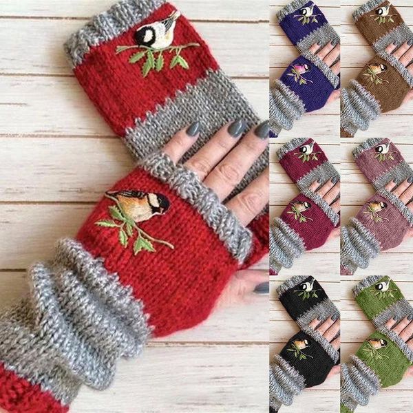 

five fingers gloves fashion cotton winter for women embroidery birds warm stitching solid color knitted block splice mittens without, Blue;gray