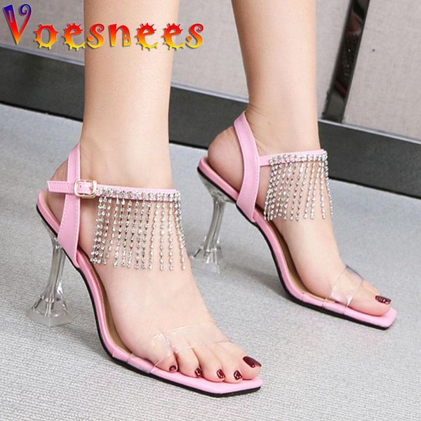 

sandals voesnees crystal women 2021 summer rhinestone transparent pvc high heels pure colour tassel diamond party shoes, Black