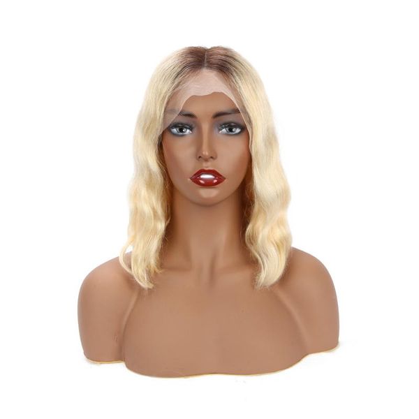 

lace wigs short bob human hair front remy brazilian water wave1b 613 13x4 wig pre plucked 150 density, Black;brown