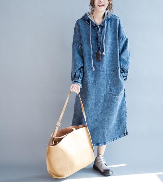 

casual dresses women's clothing denim dress 2021 autumn and winter long hooded loose large size women, Black;gray