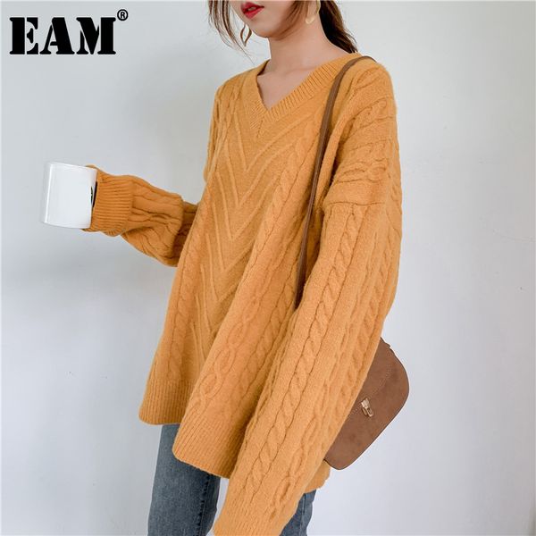 

[eam] yellow big size knitting sweater loose fit v-neck long sleeve women pullovers fashion autumn winter 1y188 21512, White