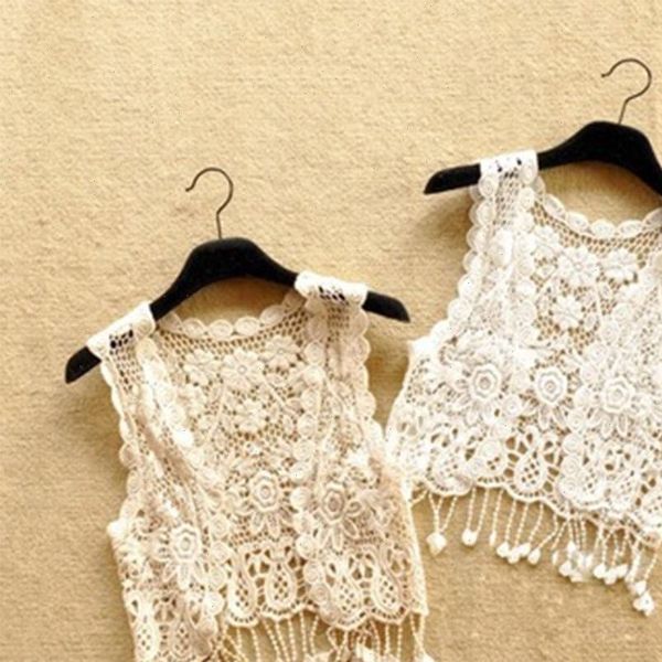 

solid  sleeveless womens blouses lace crochet open front kimono cardigan top, White