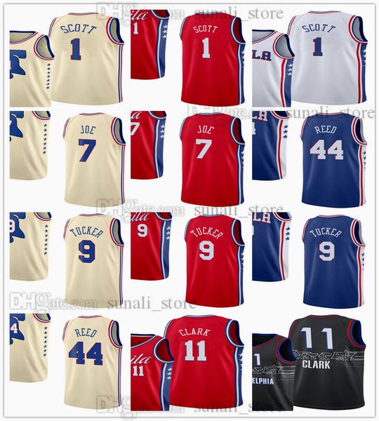 

2021 basketball jerseys 1 mike scott 7 isaiah joe 44 paul reed 9 rayjon tucker 11 gary clark city black earned cream blue red white color sp, Black;red
