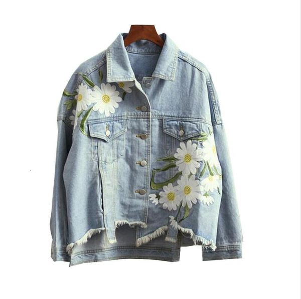 

women's jackets korean harajuku daisy floral patch design embroidery asymmetrical denim jacket female jean jacket outwear s449 hge, Black;brown