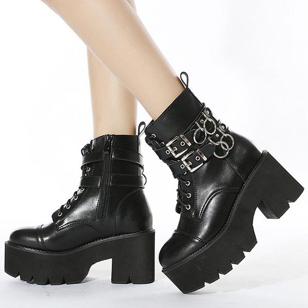 

boots female leather 2021 autumn lace-up motorcycle boot gothic shoes ladies ankle bootie rivet chains high platform chunky bota, Black