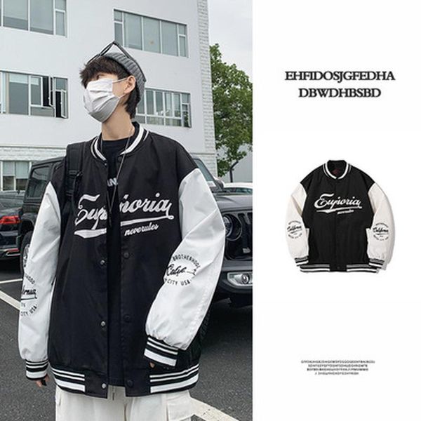 

men's jackets letter printed baseball jacket spring and autumn loose fit hip hop contrast stitching casual button top, Black;brown