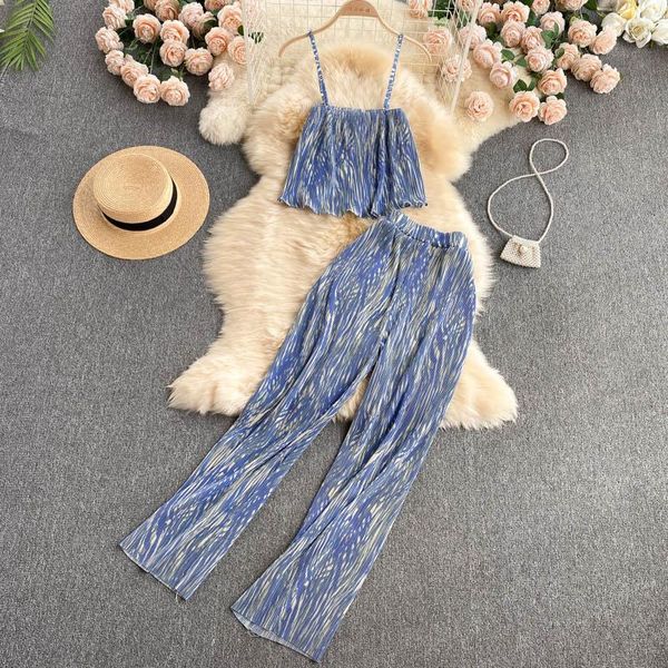 

women's two piece pants 2021 summer seaside holiday style suit sling high waist pleated wide leg two-piece set kk557, White