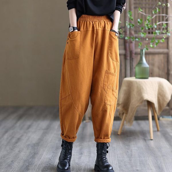 

women's pants & capris fairynatural european style ladies retro loose harem trouser 2021 autumn spring casual elastic waist design pant, Black;white
