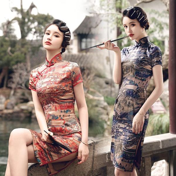 

ethnic clothing vintage chinese female short sleeve qipao women traditional satin red print cheongsam formal party gown vestidos plus size