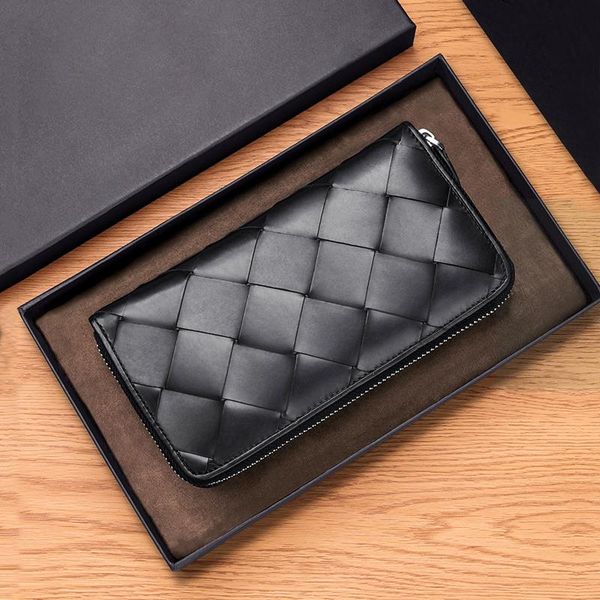 

100% leather long wallet men's zip-up storage woven large plaid simple fashion women's clutch bag wallets, Red;black