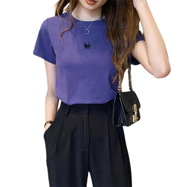 

women's t-shirt summer fashion embroidery crown korea style ladies' simple solid color o-neck t shirt 2021 female graphic tee, White