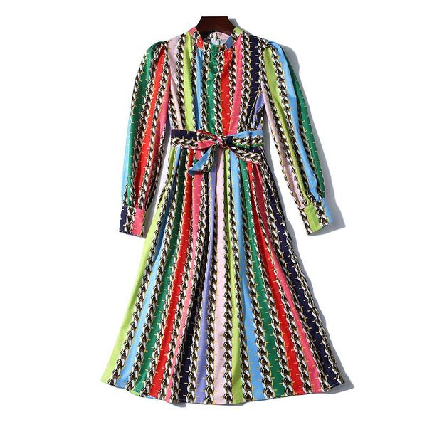 

casual dresses luxury autumn women striped dress 2021 elegant long-sleeved print round neck ladies vintage high waist midi, Black;gray