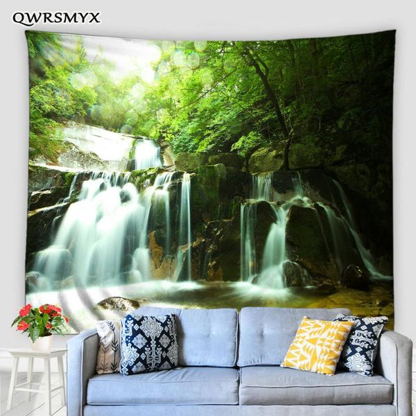 

tapestries green forest waterfall landscape tapestry aesthetic black background wall hanging home living room bedroom decor