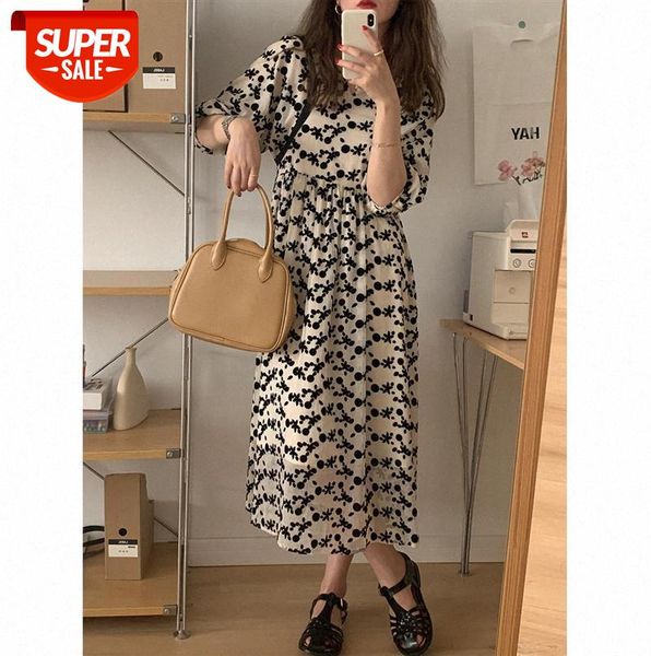 

im to homemade french puff sleeve flocking flower dress spring waist folds temperament long skirt #ct2d, Black;gray