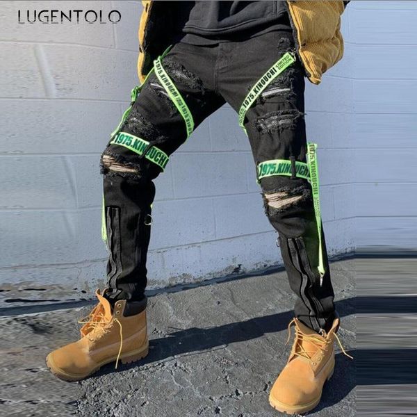 

men's jeans hole men zipper skinny casual trousers webbing strap fashion trend street mid waist long pencil, Blue