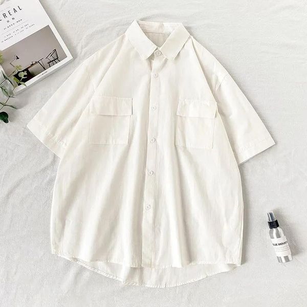 

men's casual shirts solid loose shirt men oversize high street japan basic short sleeve office summer punk harajuku male, White;black