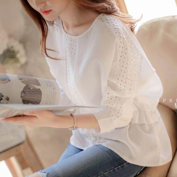 

women's blouses & shirts women blouse crew neck casual white loose autumn long sleeve chiffon hollow-out lace doll shirt blusas mujer