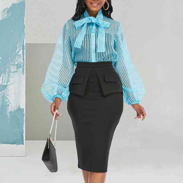 

women's blouses & shirts women two pieces sets see through striped shirt bowtie long sleeves high waist party pencil ski, White
