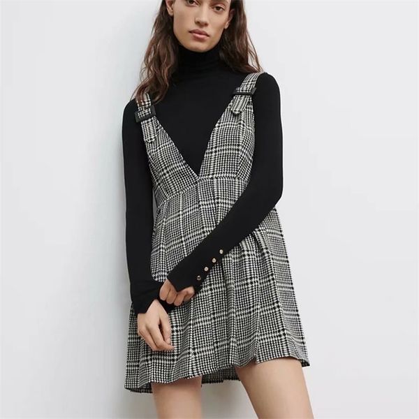 

women za plaid dress gothic v-neck short bodycon sleeveless pleated suspender buckle sundress streetwear mujer 210422, Black;gray